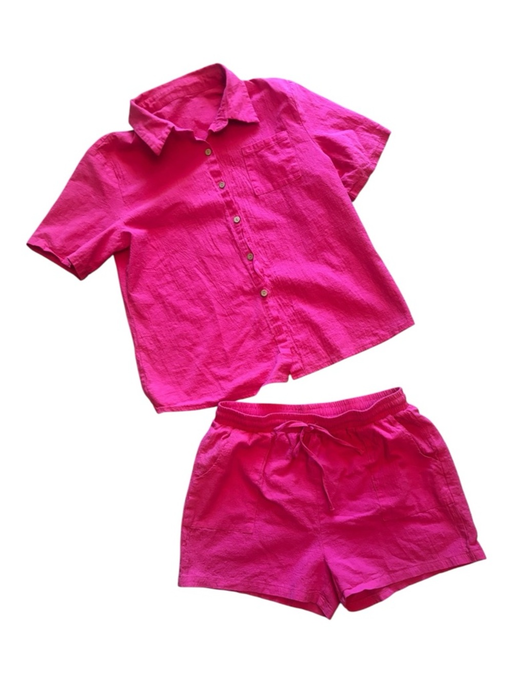 Amazon Hot Pink Short Sleeve Button Shirt & Drawstring Shorts Set Size Large (L)